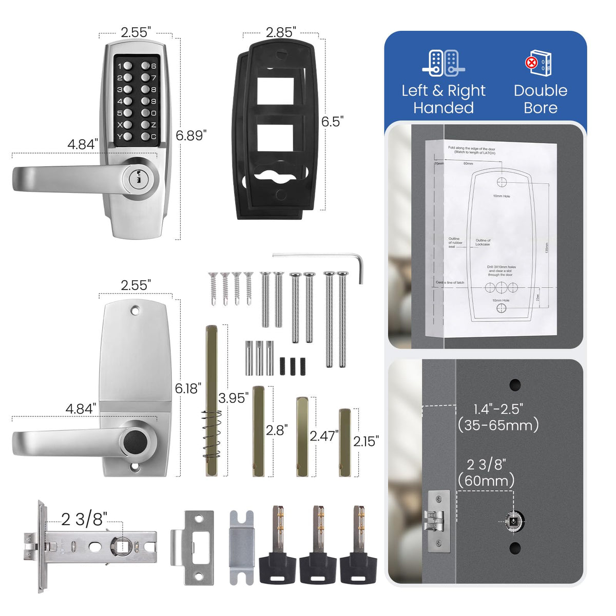 LVOZ Keyless Entry Door Lock with Handle - Mechanical Door Lock 100% Without Batteries - Easy to Install & Use - Keypad Lock on Zinc-Alloy, Water and Sun Proof for Indoor or Outdoor