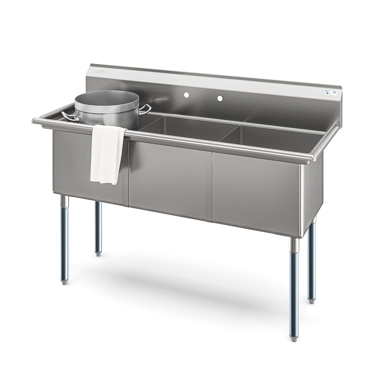KoolMore 60 in. Three Compartment 18-Gauge Stainless-Steel NSF Commercial Kitchen Sink, Bowl Size 18x18x14, with Three Basins and Pre-Drilled Faucet Holes for Restaurants and Cafes (KM-SC181814-N3)