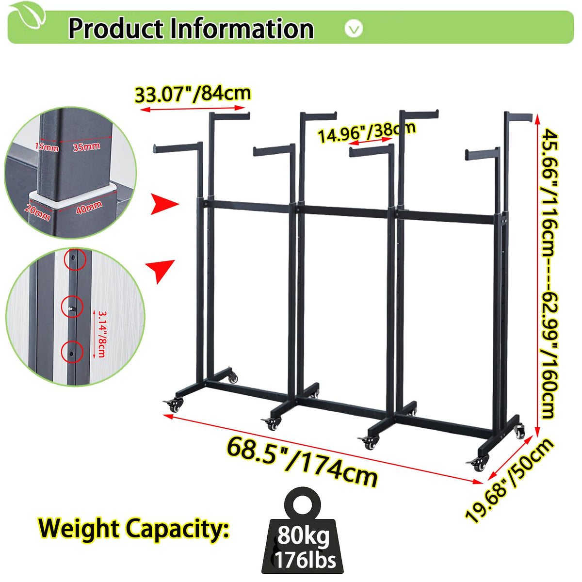 FKKPRVAX Floor Standing Metal Garment Rack - Heavy Retail Display Racks With Wheels, 8 Arms Clothing Rack, Square Tubing Portable Shirt Racks, Merchandise Display For Hanging Clothes (L-Black)