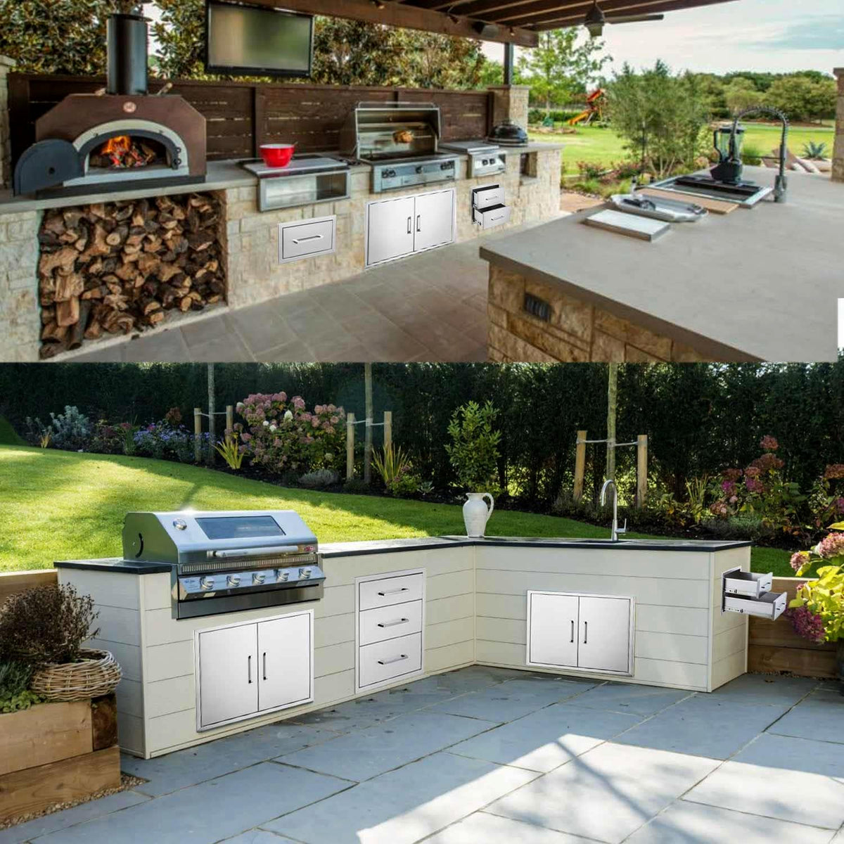 ZHAIUPON Outdoor Kitchen Access Drawers, 18" W15 H23 D Stainless Steel Double BBQ Drawers with Handle,Enclosed Built-in Flush Mount for Outdoor Kitchen Grilling,BBQ Island
