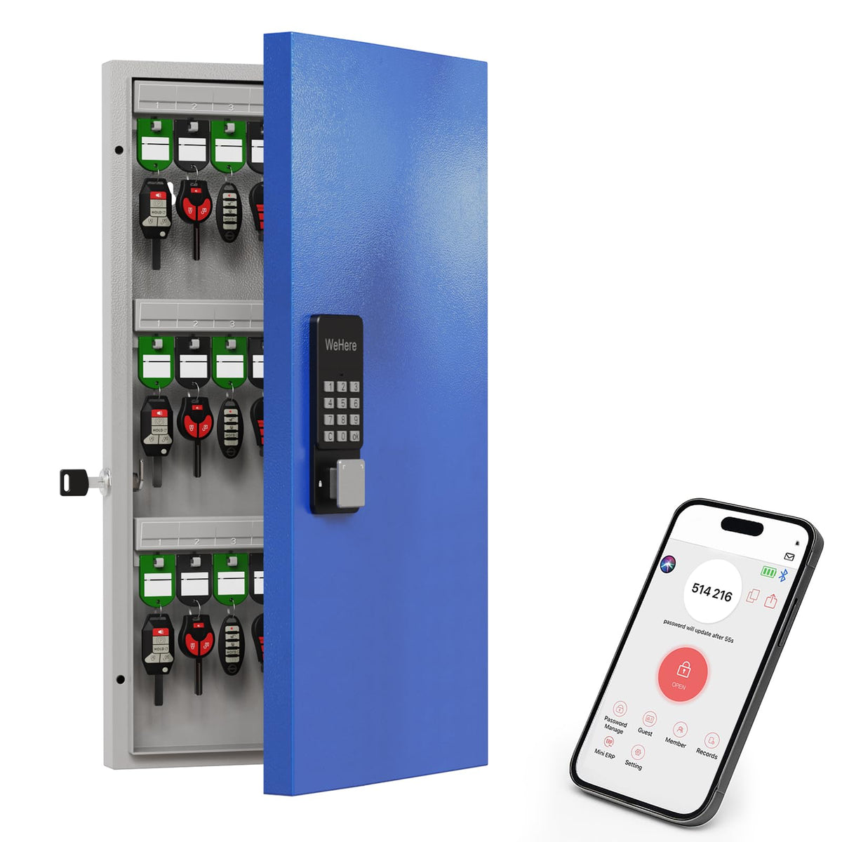 WeHere 48-Key Smart Key Lock Box Wall-Mount, Key Cabinet with Key Management App(Track Key Borrow/Return), Keypad, Bluetooth & WiFi Unlock (Sold Separately) for Commercial, School, Rental, Office