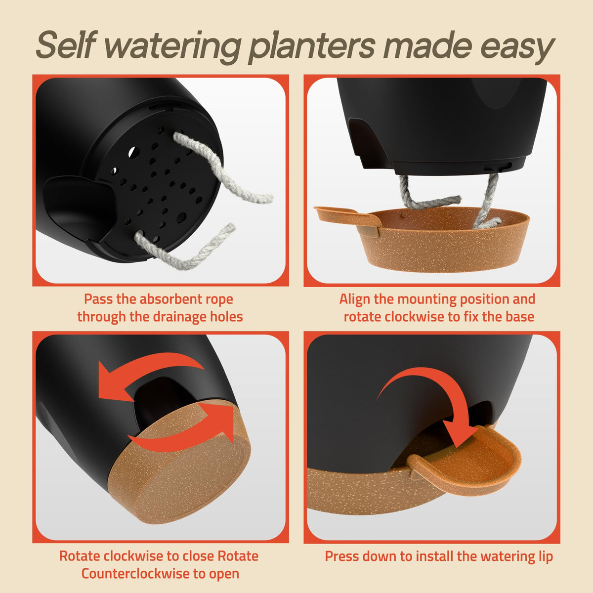 Black Self Watering Pots 10 Pack, Indoor and Outdoor Plant Pots with Wick Rope & Drainage Holes, Easy Watering Lip, Lightweight Plastic Self Watering Planter for Succulents, Houseplants, and Herbs