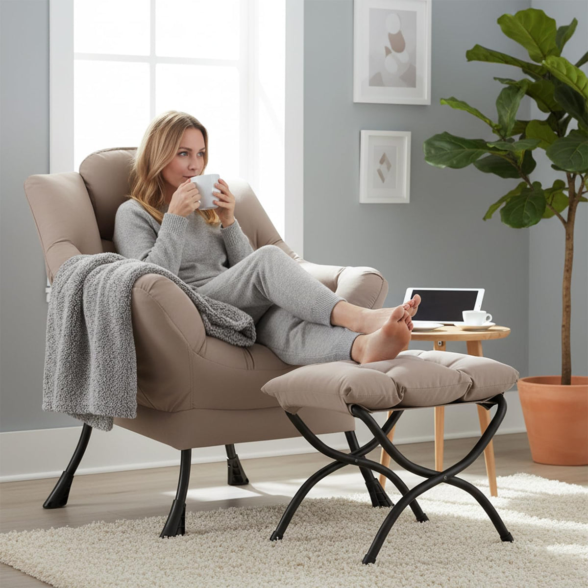 Welnow Lazy Chair with Ottoman, Modern Reading Accent Chair with Armrests and a Side Pocket, Leisure Upholstered Lazy Sofa Set with Footrest for Small Space, Khaki