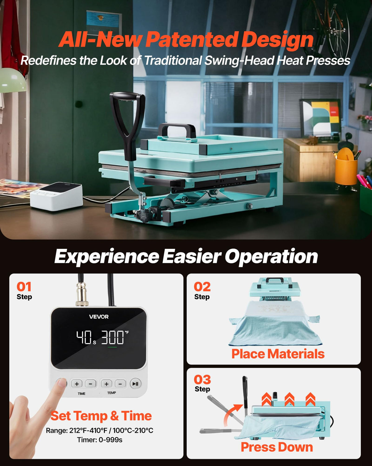 VEVOR Hybrid Heat Press, 15 x 15 inch, 8-in-1 Multifunction, Heat Up Fast and Even, All-New Patented Design, Easy to Control, Sublimation Press Machine for T-Shirts/Tumblers/Caps/Plates, Light Green
