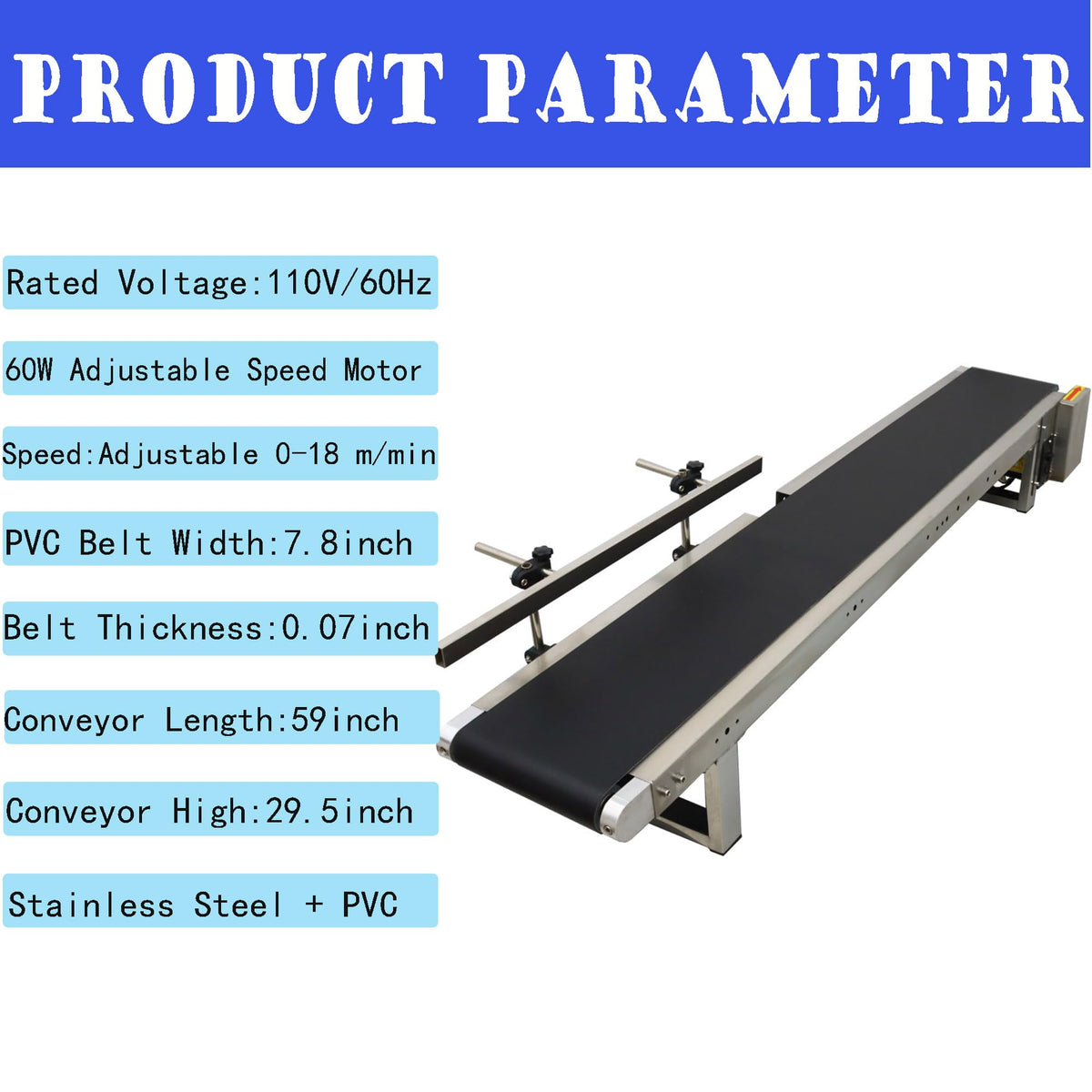 HQHAOTWU Flat Belt Conveyor PVC Belt Transport Conveyor Benchtop with Single Guardrail Stainless Steel Frames 59×7.8inch