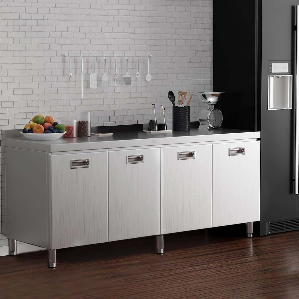 ZZV Stainless Steel Table Cabinet for Prep & Work 21 x 66 Inch, Heavy Duty Prep Table with 4 Pull-Out Doors, Commercial Workbench with Cabinet for Kitchen, Restaurant, Hotel, Garage, and Warehouse