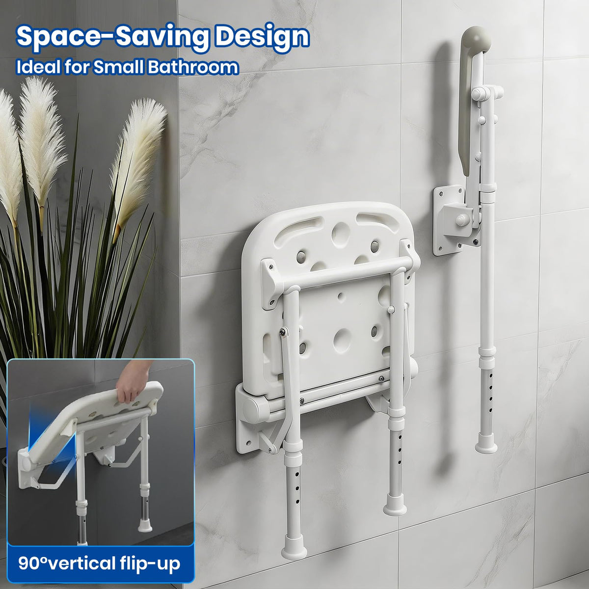 Caredear Folding Shower Seat with Adjustable PU Grab Bar, 550lbs Heavy Duty Fold Down Bath Bench with Legs, Non-Slip Comfort Grip and Removable Cushion, Wall Mounted Chairs for Seniors