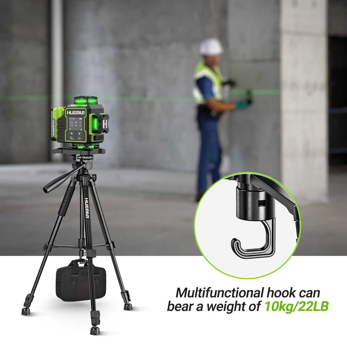 Huepar W04CG Laser Level 360 Self Leveling with 60" Tripod, Laser Class: Class II (IEC/EN60825-1/2014), 1mW power output