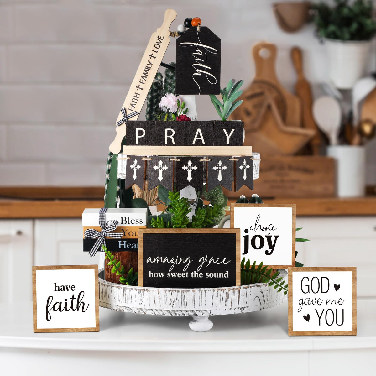 Tatuo 13 Pcs Easter Tiered Tray Decor Set Religious Wooden Table Decor Faith Christian Easter Centerpieces Decorations Rustic Farmhouse Pray Cross Wood Block Signs for Home Church Tabletop