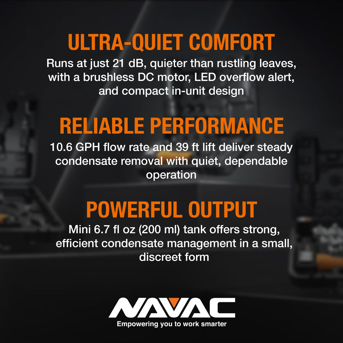 NAVAC NCB10 Mini-Split Condensate Pump - Ultra Quiet Design, HVAC Condensate Pump, Brushless DC Motor - Reliable Performance, Overflow Protection Sensor, 6.7 fl oz Tank Capacity, 10.6 GPH, 39 ft Lift