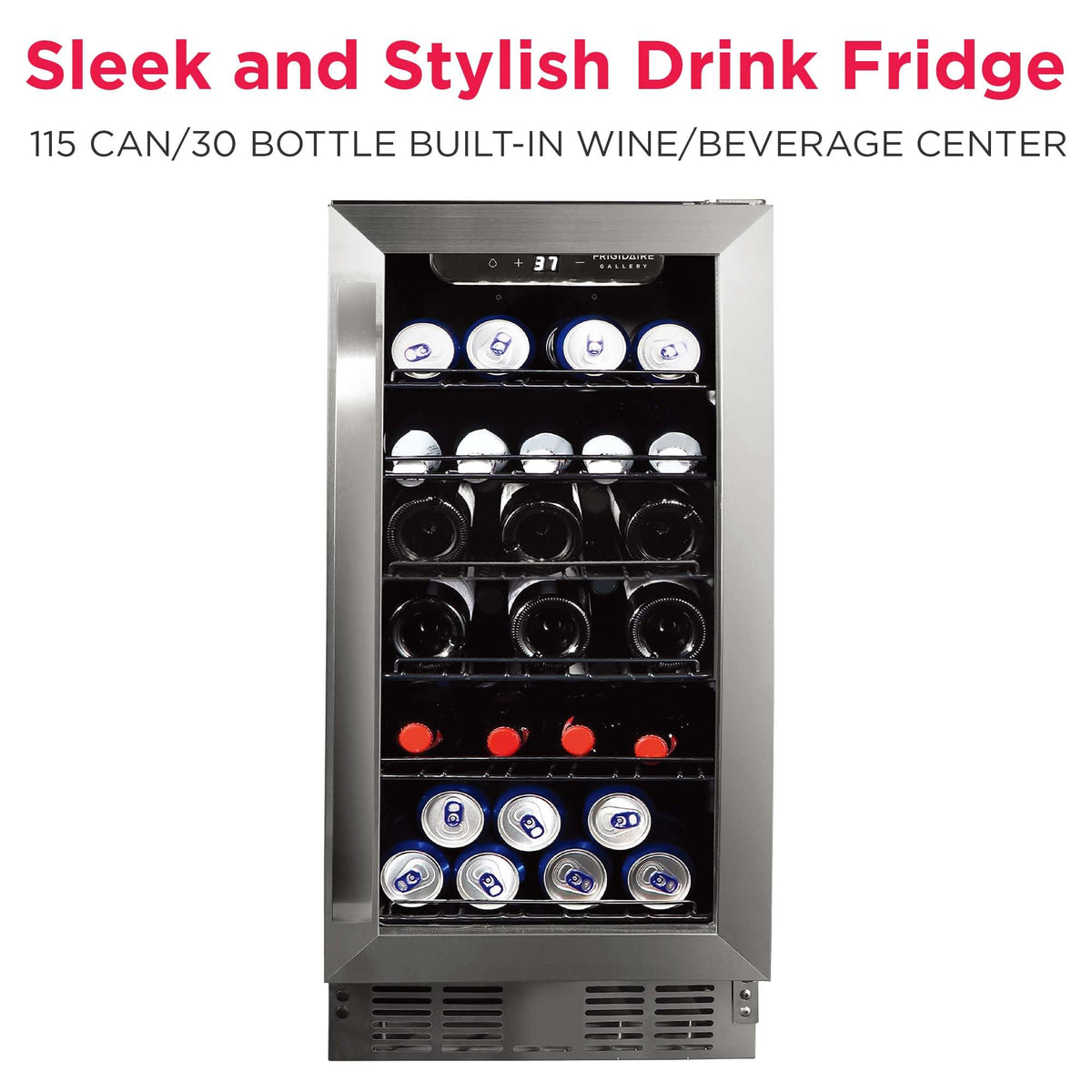 Frigidaire Gallery, 22.5" Wide Beverage Cooler, 30-Bottles Stainless Steel, with Lock, Tempered Glass Door, Frost Free, Glass Door, Stainless Steel, Built-in
