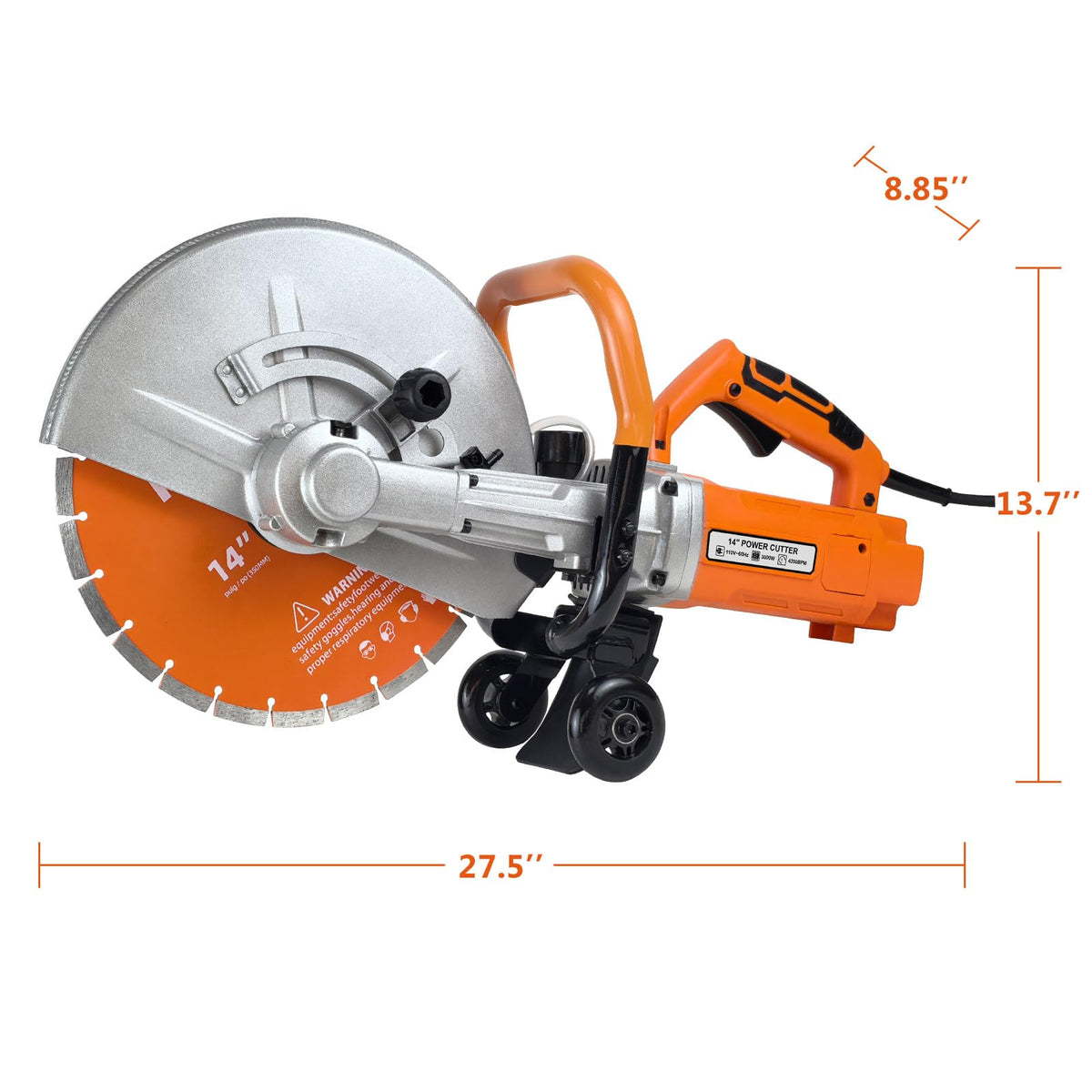 HIGOSPRO 14-Inch Electric Concrete Saw 3000W, 110V Cut-Off Saw with Diamond Blade, 4.8" Max Cutting Depth, Heavy-Duty Cement Grinder for Asphalt, Brick, Stone