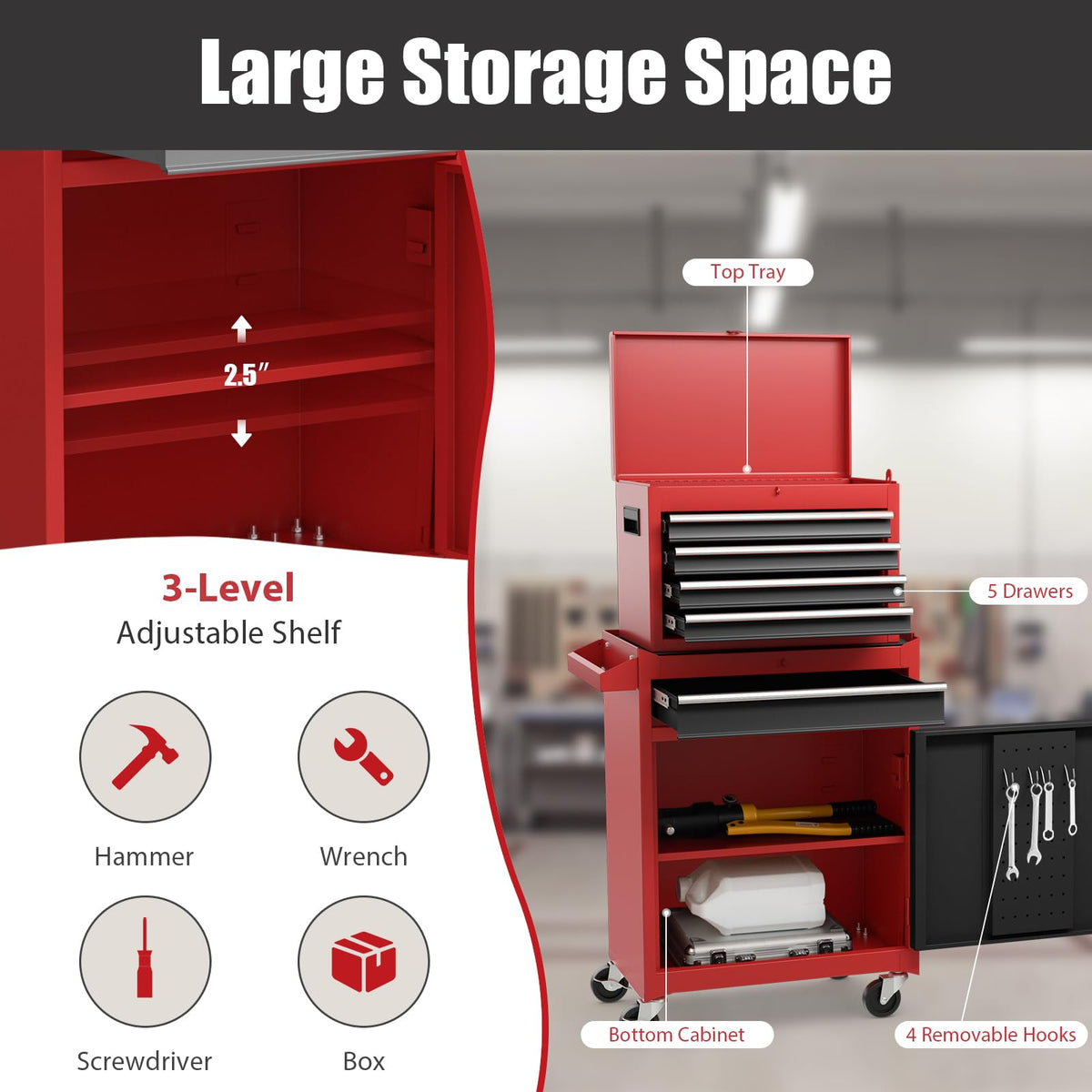 Goplus Tool Chest, 5-Drawer Rolling Tool Storage Cabinet with Detachable Top Tool Box, Liner, Universal Lockable Wheels, Adjustable Shelf, Locking Mechanism, Metal Tool Cart for Garage Workshop