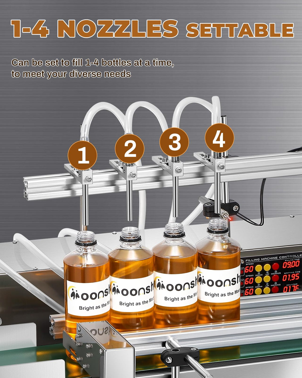 Moonshan 4-Nozzle Automatic Liquid Filling Machine Line 1-30 Ounce Bottle Filling Machine Bottle Filler with 35 Inch Belt Conveyor Desktop Version for Juice Wine Detergent