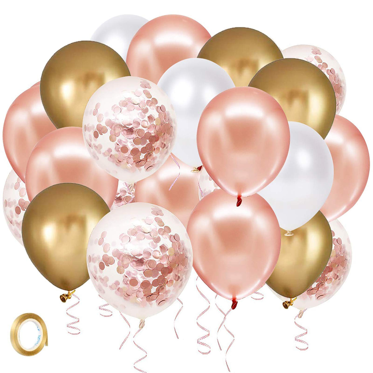 Rose Gold Confetti Latex Balloons, 60 Pack White Balloons 12 Inch with Gold Ribbon for Birthday Party, Wedding, Bridal Shower Decorations