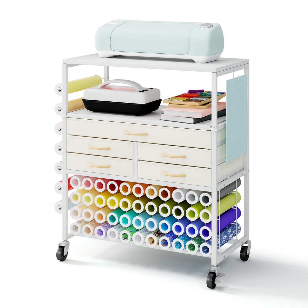 LUCKUP Organization and Storage Craft Table for Cricut Machines, Rolling Cart Cabinet with Extend Tabletop, 51 Vinyl Roll Holders, 5 Drawers & Heat Press Workstation