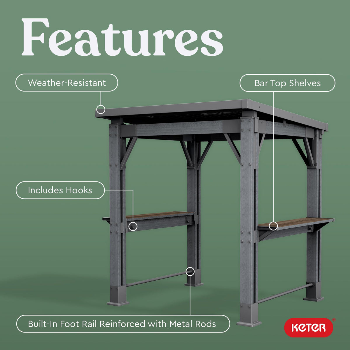 Keter Signature 8 x 6.5 FT Grill Gazebo Hardtop Durable Resin Outdoor BBQ Gazebo with Double Shelves, Permanent Grill Pavilion for Patio Lawn, Deck, Backyard, and Garden