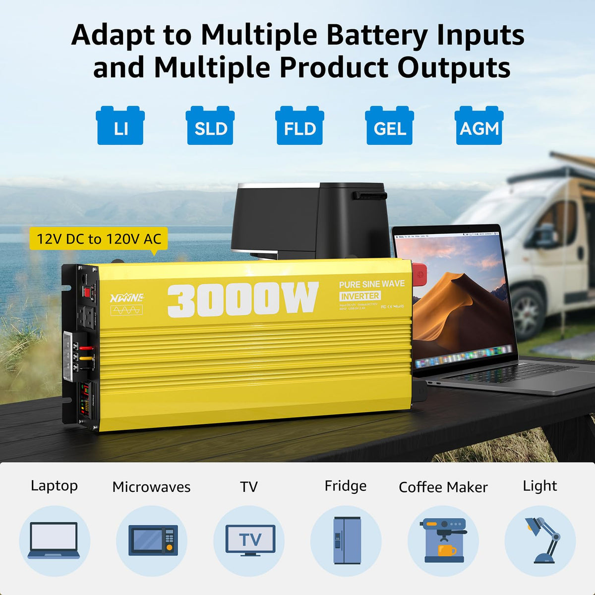 XWJNE 3000W Pure Sine Wave Power Inverter 12V DC to 120V AC Converter with LED Display and Remote Controller for Home, RV, Truck, Off-Grid Solar Power