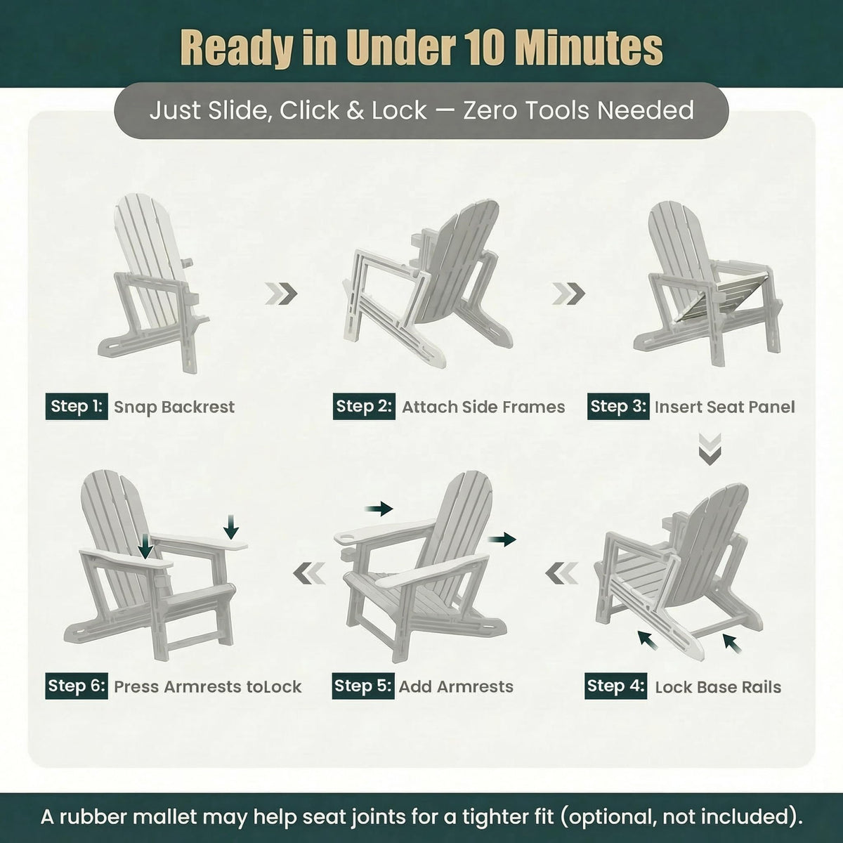 Adirondack Chair with Cup Holder,Tool-Free Assembly,No Screws Needed,All-Weather HDPE Plastic Outdoor Patio Chair,Wood-Grain Slatted Look,Easy to Take Apart for Storage,Fire Pit Chairs(Classic Black)