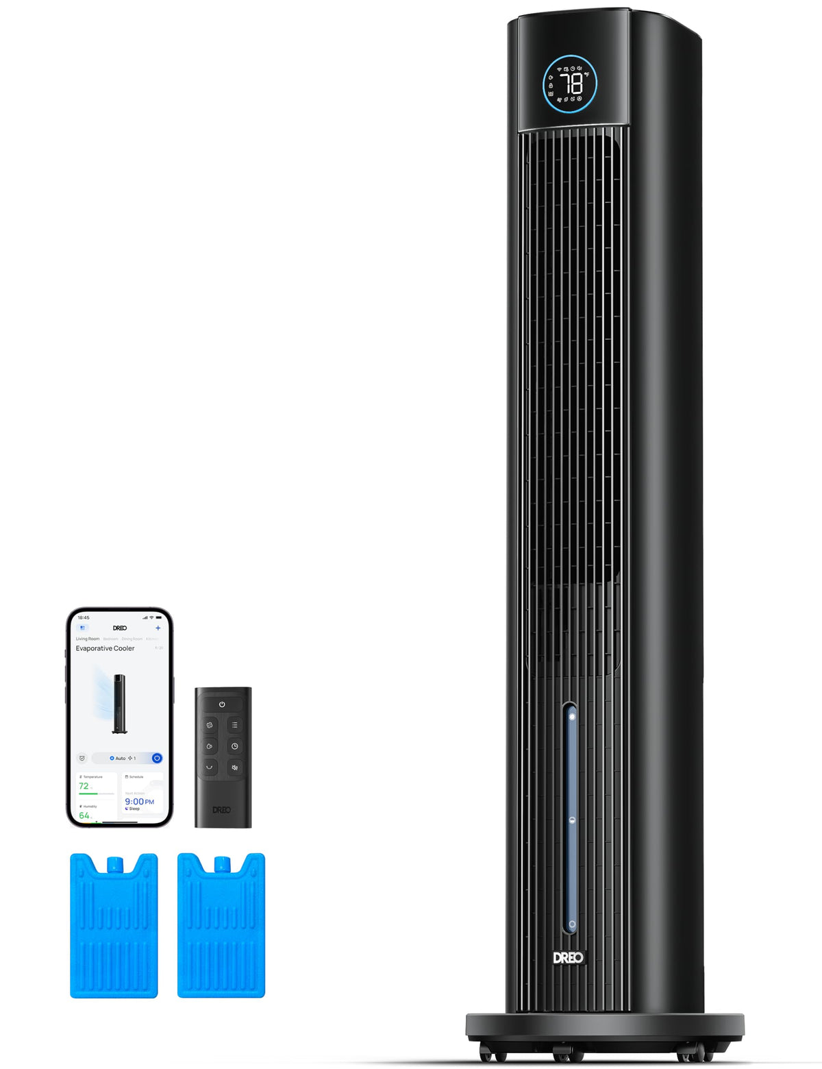 DREO Evaporative Air Swamp Cooler, 43" Cooling Fans that Blow Cold Air 2025 Upgraded, 85° Oscillating Floor Fan for Bedroom, Easy Cleaning, APP Control, Ice Packs, 4 Speeds & 4 Modes, 12H Timer, Black