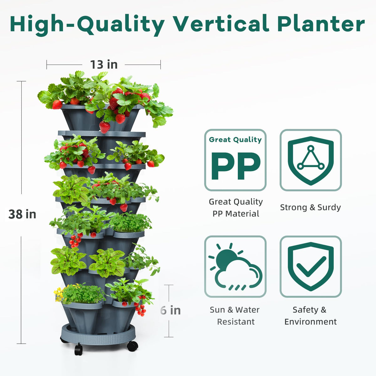 Tectsia 7 Tiered Strawberry Vertical Planter Tower Garden 3 Pack, Stackable Planter Herb Garden Planter with Movable Casters and Bottom Saucer Indoor and Outdoor - Dark Grey