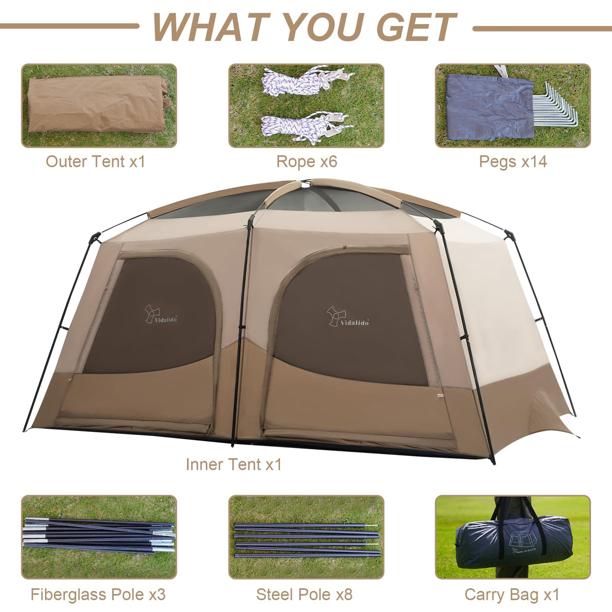 Vidalido Tents，6-8 Person Camping Tent with Extended Vestibule，2 Room Weather Resistant Family Tents，Easy Install Waterproof Outdoor Tent for Backpacking and Camping Hiking