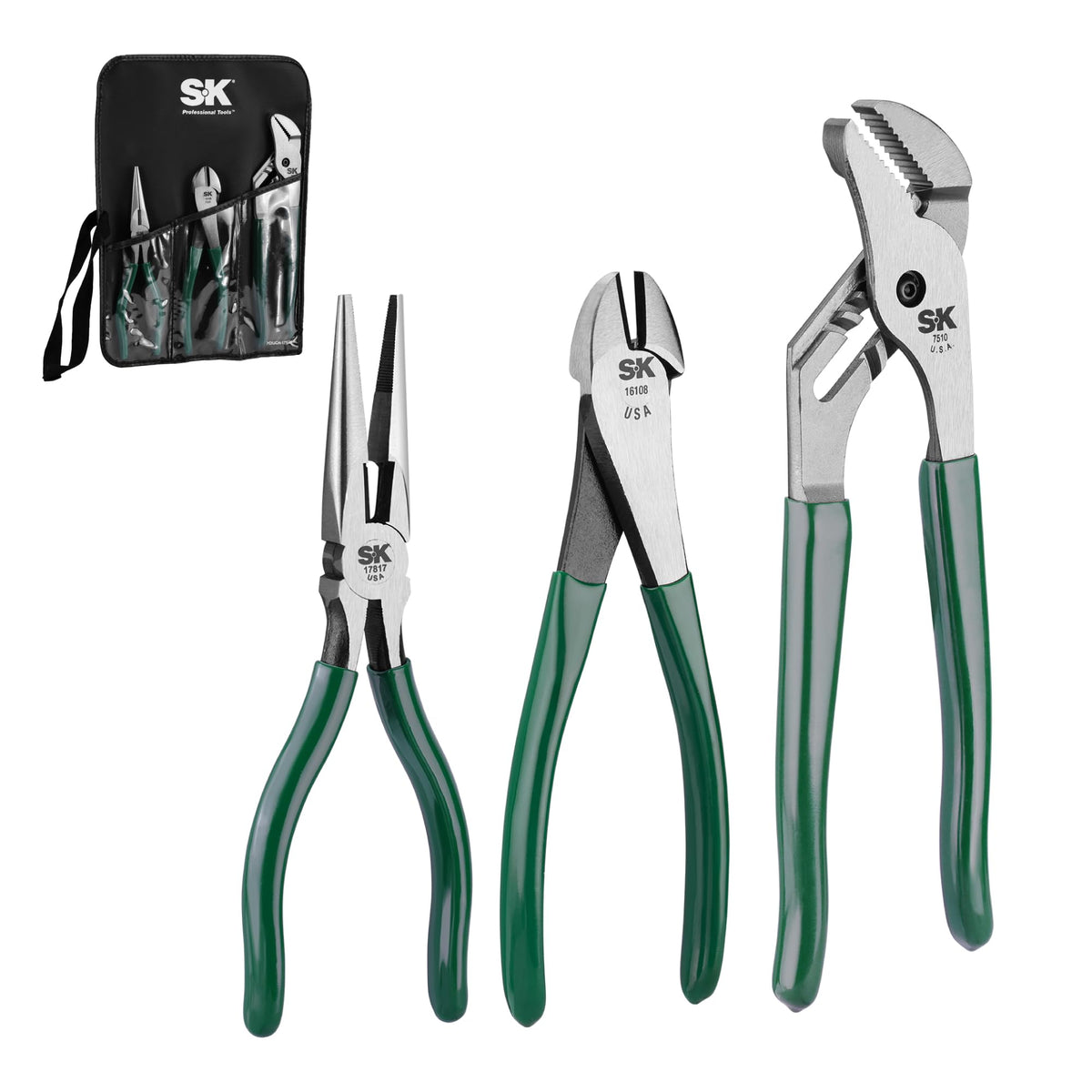 SK Tools USA 3 Piece Water Pump Pliers Set: Diagonal Cutting, Long Nose Cutting, Tongue & Groove | 17840