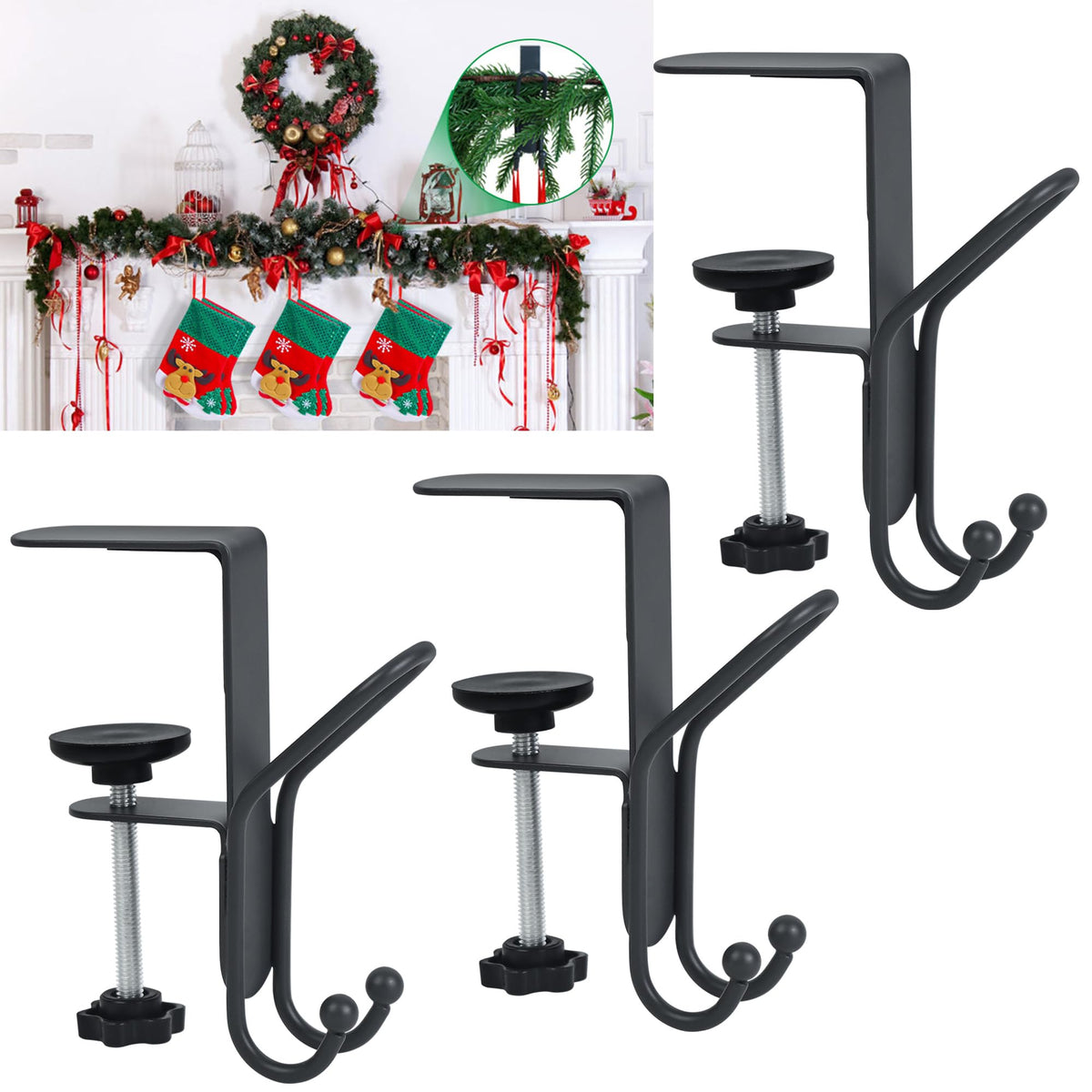 Muximud Stocking and Garland Hangers for Mantle, 2 in 1 Adjustable Metal Garland Holder for Hanging Christmas Stocking, No Drill Mantle Hanger for Fireplace Holiday Decoration, Grey, 3 Pcs
