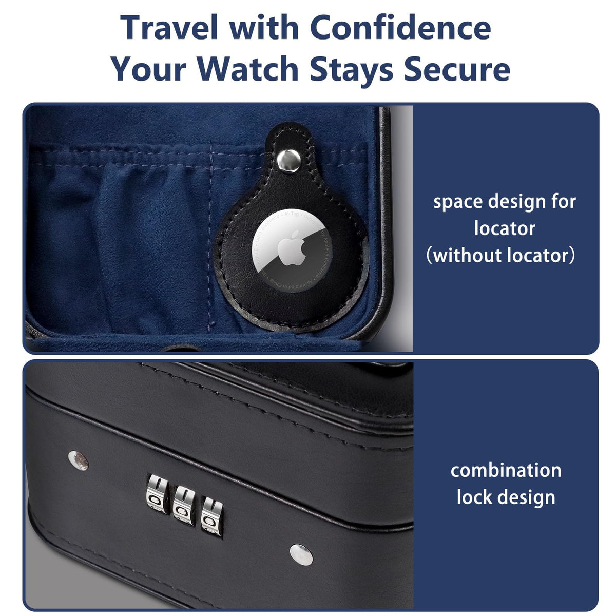 KAMIER Watch Travel Case with Combination Lock - 2 Watch Storage and Jewelry Organizer - Watch Case for Ring and Watch Storage, PU Leather Travel Watch Case, Ideal for Gift (With Gift Box) (Black)