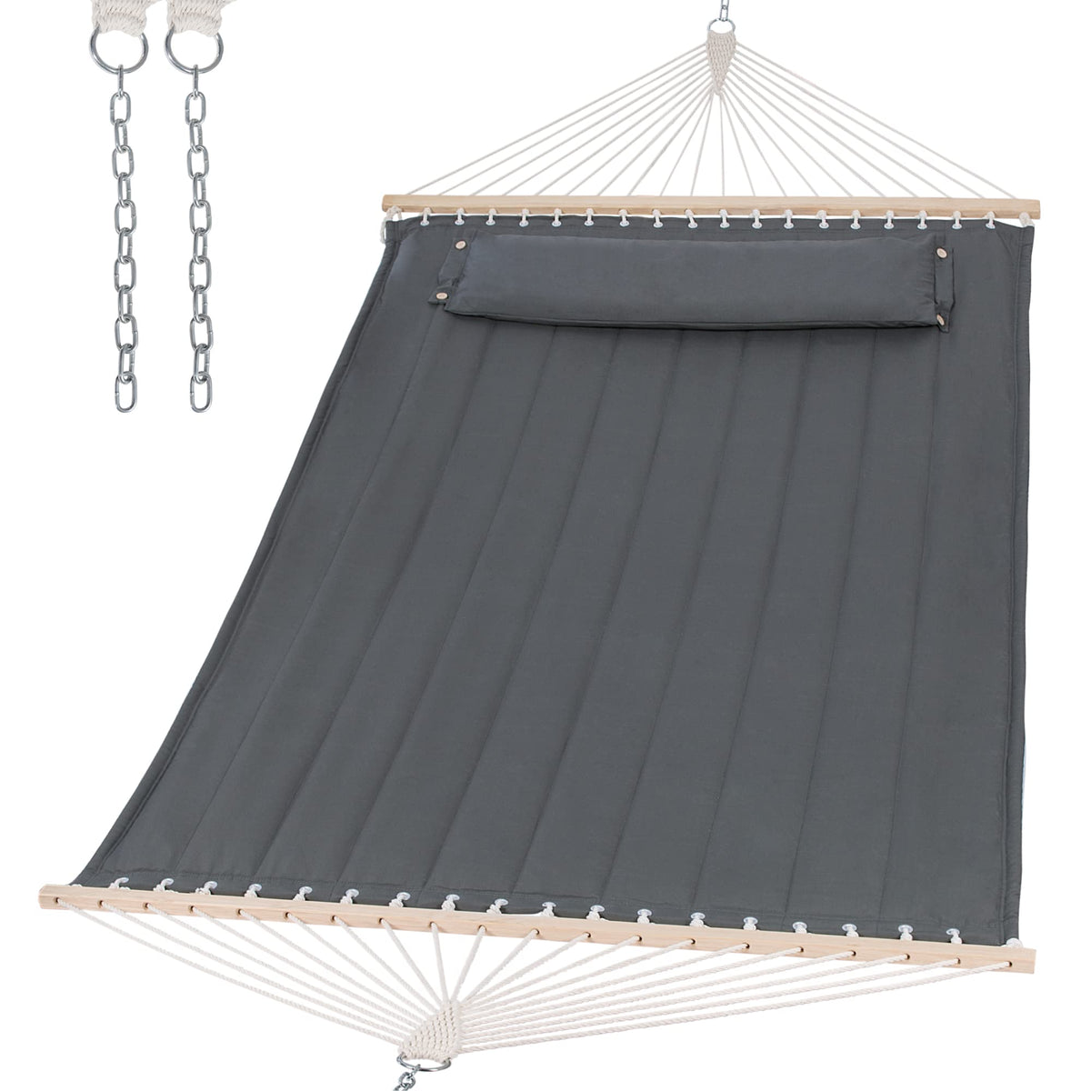 SUNCREAT Portable Tree Hammock with Hardwood Spreader Bar, Extra Large Soft Pillow, Heavy Duty 2 Person Hammock for Indoor, Outdoor, Gray