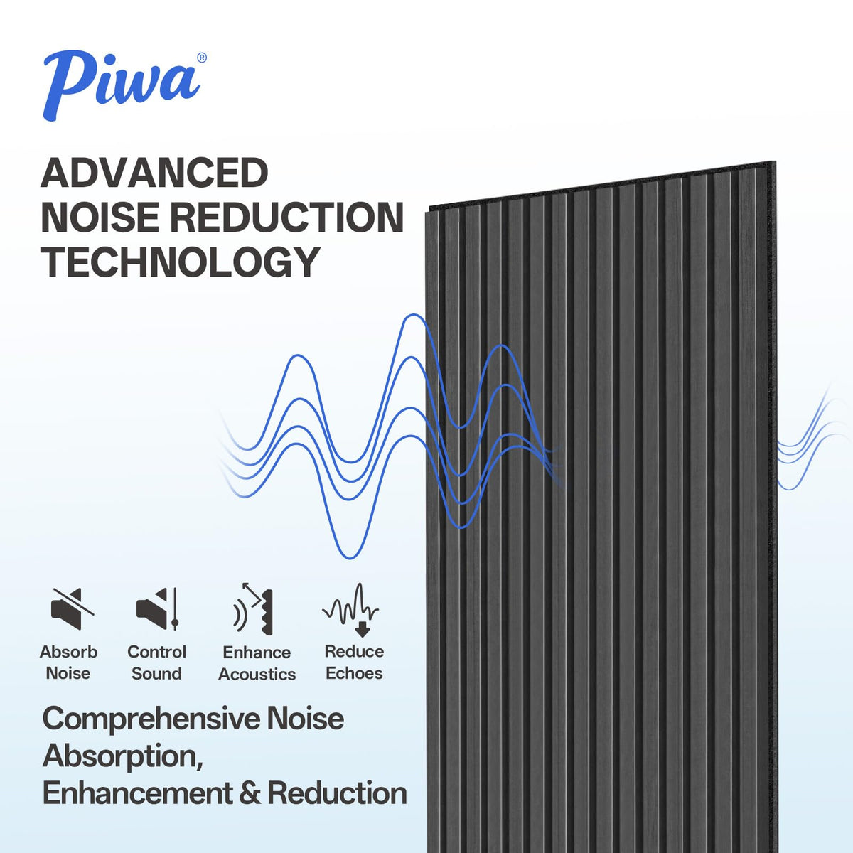 PIWA Acoustic Wall Panels 47” x 24" 4 Pack, Wood Panels for Wall Sound Dampening Slat Paneling with MDF Surface and Sound-Absorbing Core for Interior Decor, Home, Office and Gaming Room (Matte Black)