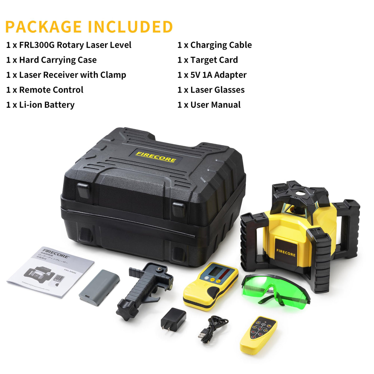 Firecore Self-Leveling Rotary Laser Level Kit, Horizontal/Vertical with Plumb Spot, 1969-Foot Range, Green Beam 360 Degree Construction Laser, Rechargeable Battery and Remote Control Included -FRL300G