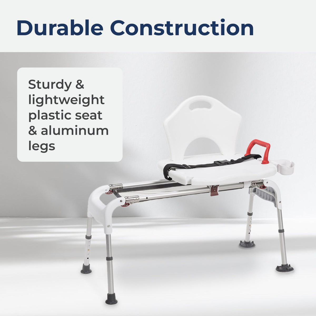 Drive Medical RTL12075 Adjustable Height Sliding Bathtub Transfer Bench Shower Chair with Armrests and Seatbelt, 300 Pound Weight Capacity, White