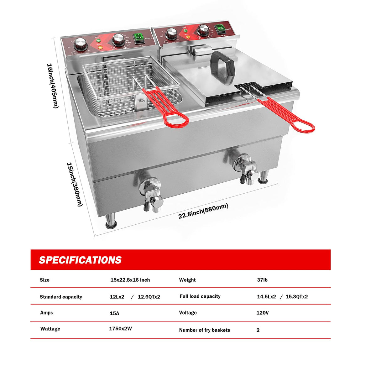 EGGKITPO (ECF4-NG) 50LB 120,000 BTU Natural Gas Fryer and 12L × 2 Commercial Fryer with Timer and Oil Drain Electric Deep Fryer(120v 3500w)