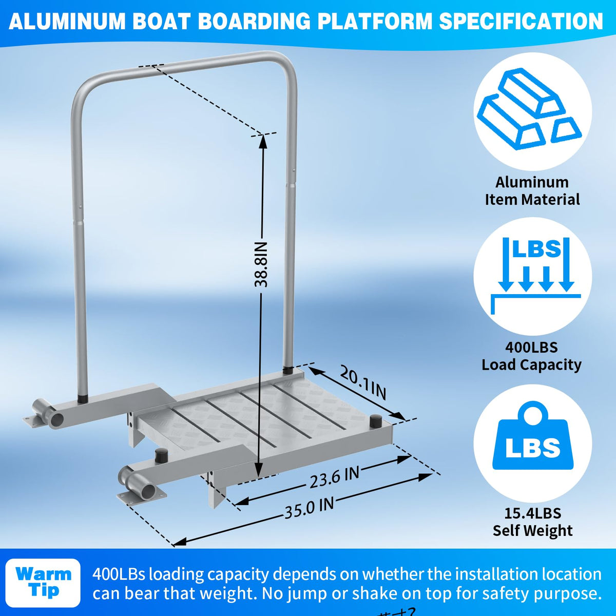 THOOUM Aluminum Boat Board Platform with Detachable Handrail to Get on & Off, Rust Resistant Boarding Platform for Dock/Deck/Boat Lifts (38.8" H, 400LBS Capacity)