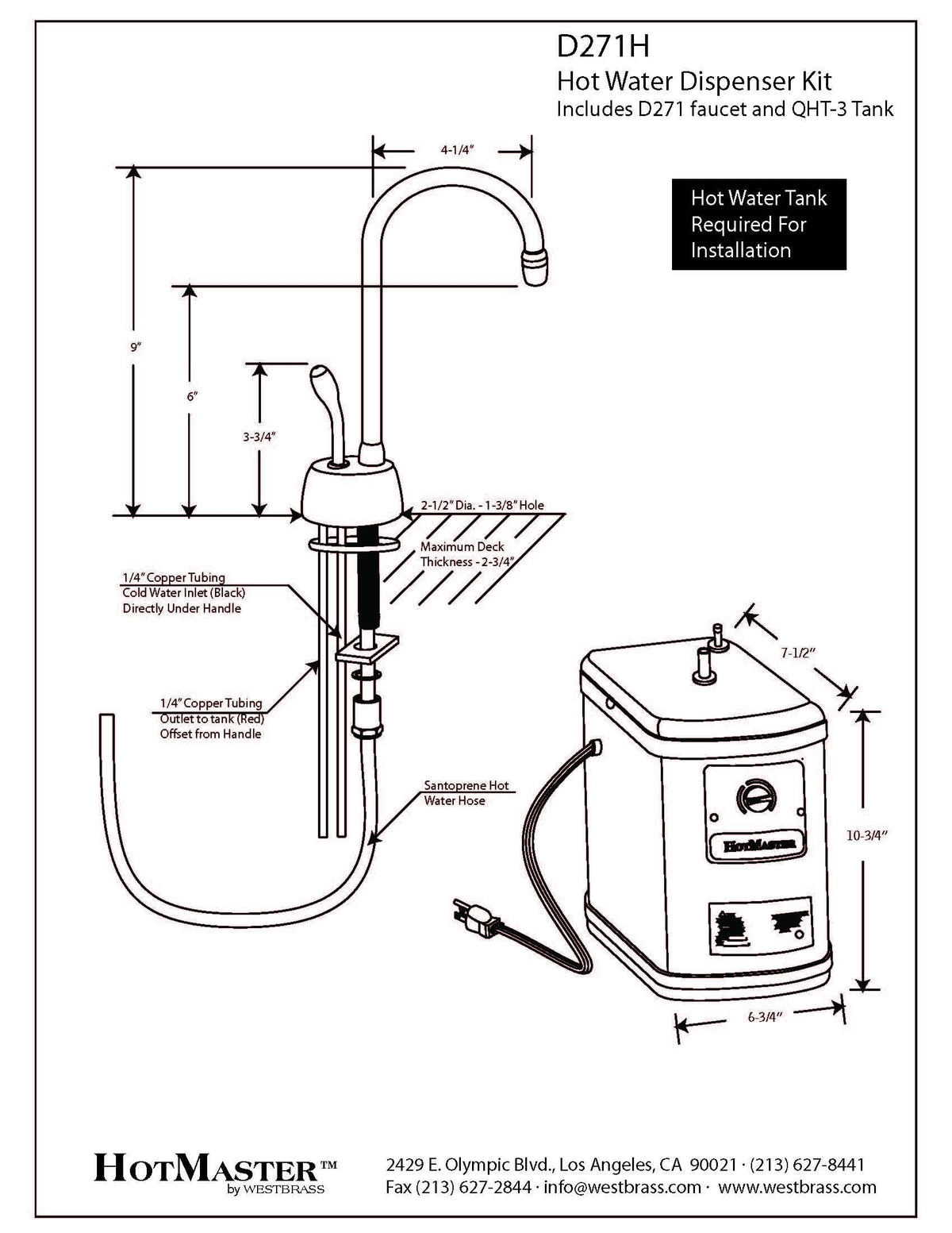 Westbrass A271H-20 Velosah 9" 1-Handle Hot Water Dispenser Faucet with Thermostatic Hot Water Tank, Stainless Steel