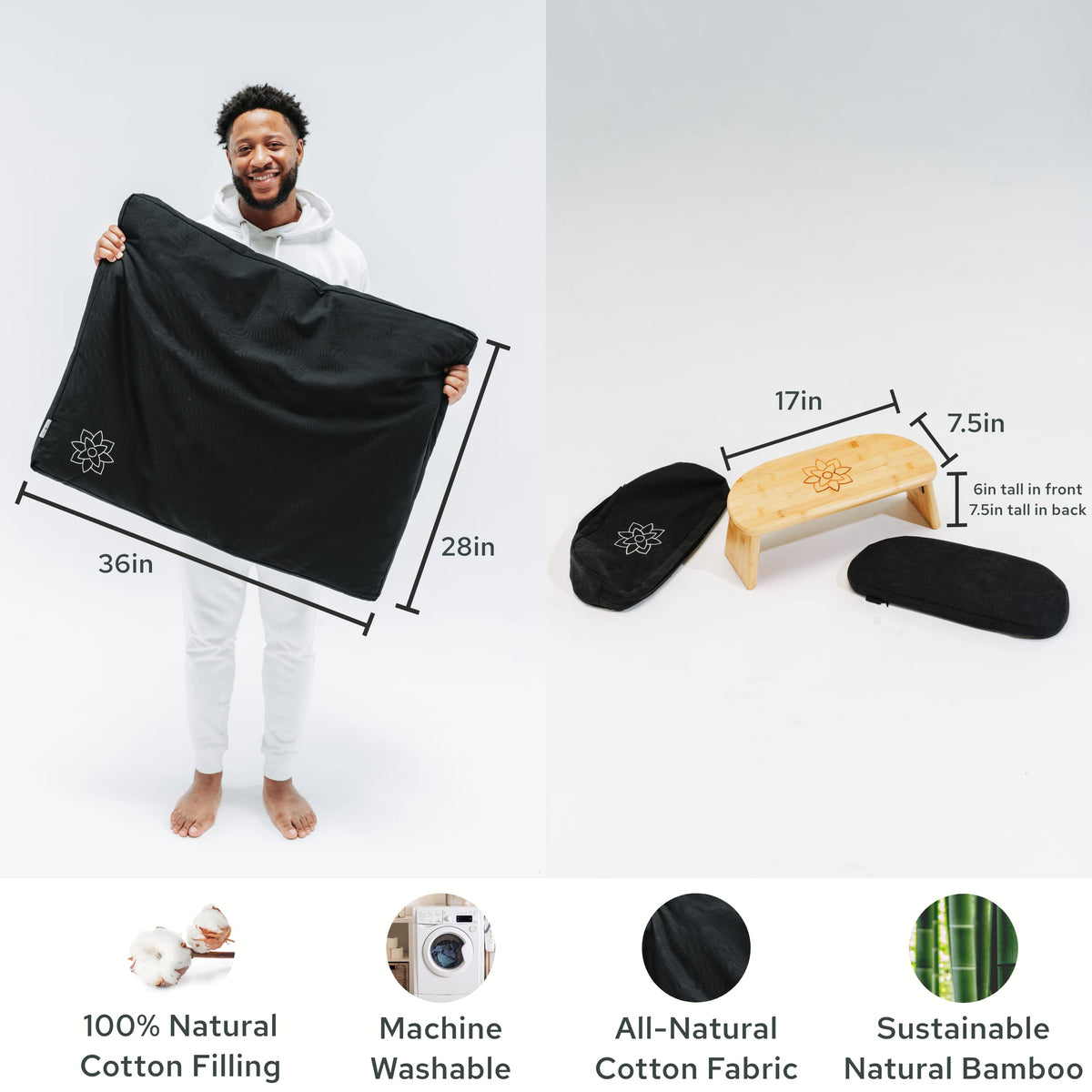 Mindful Modern Bamboo Bench and Zabuton Meditation Mat Bundle - Small Kneeling Meditation Bench with Locking Magnetic Hinges - Wooden Kneeling Ergonomic Bamboo Seiza and Mat for Meditation