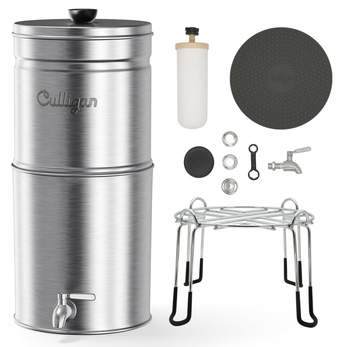 Culligan MaxClear 3 Gallon Gravity Water Filter System Removes Microplastics, PFAS & Lead, NSF/ANSI Certified, Brushed Stainless-Steel Countertop Filter with 1 Ceramic Filter