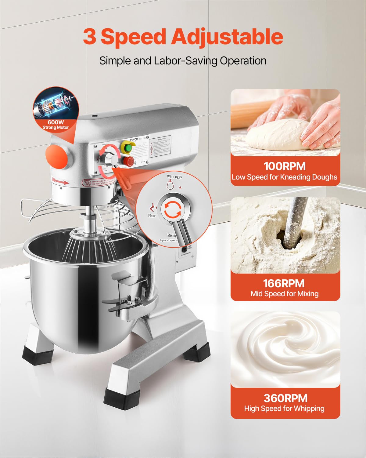Happybuy 30Qt Commercial Food Mixer with Timing Function， Commercial Mixer 1250W Stainless Steel Bowl Heavy Duty Electric Food Mixer Commercial with 3 Speeds Adjustable, Perfect for Bakery Pizzeria