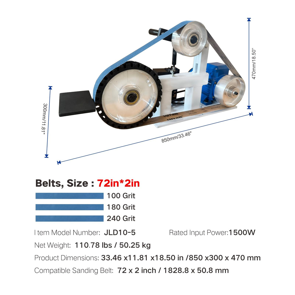 Belt Grinder Sander with VFD，2x72-inch 1500W 2HP Variable Speed Control Belt Sander with 3 Sets Grinding Tools and 3 Zirconia corundum Sanding Belts for Metalworking, Knife Making