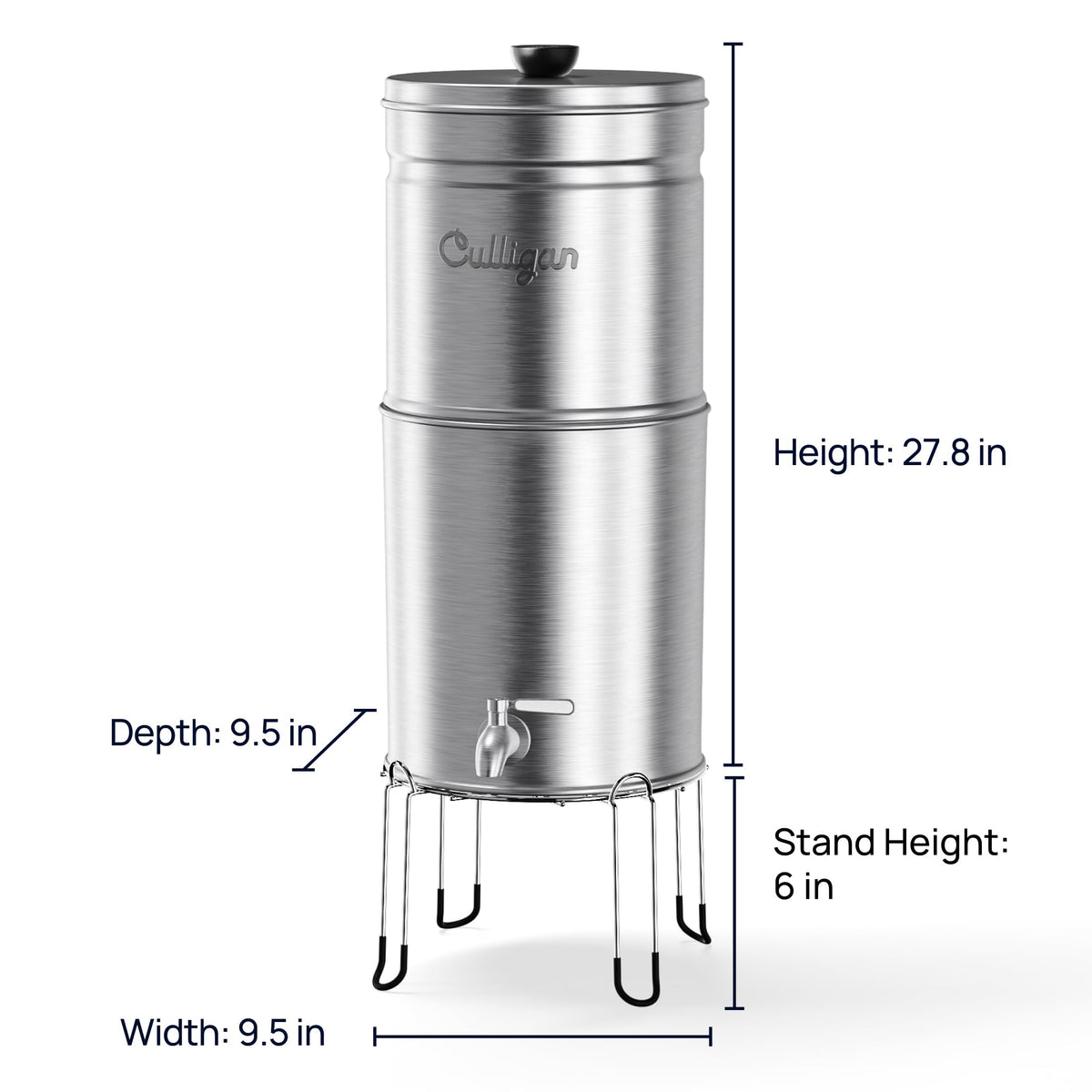Culligan MaxClear 3 Gallon Gravity Water Filter System Removes Microplastics, PFAS & Lead, NSF/ANSI Certified, Brushed Stainless-Steel Countertop Filter with 1 Ceramic Filter