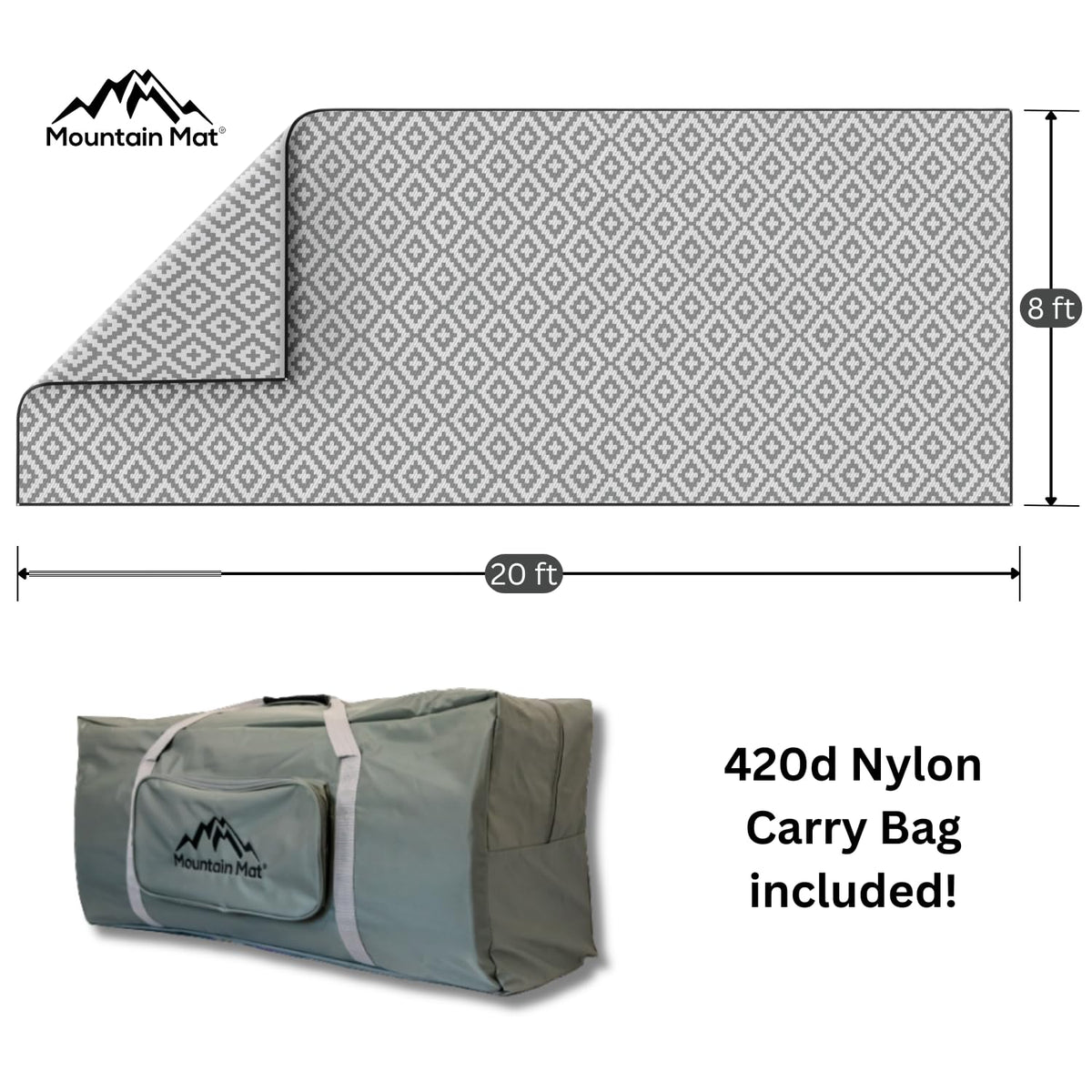 Mountain Mat 8x20 Gray & White Outdoor RV Mat with Carry Bag – Extra Thick 5mm Recycled Poly Rug – Waterproof, Reversible, Heavy-Duty – Premium Patio Mat for Camping, Deck (8x20, Grey Diamond)
