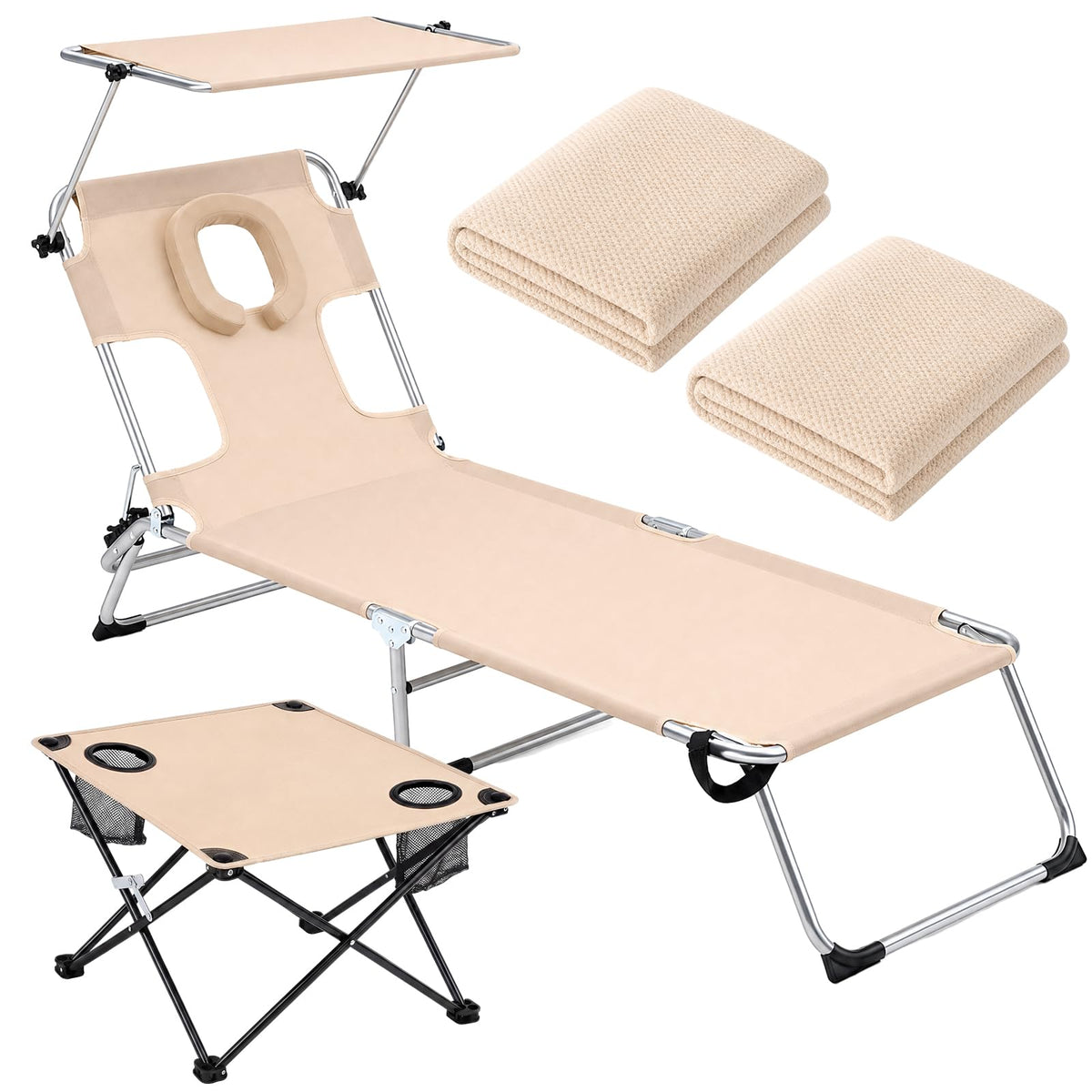 Karenhi 3 Pcs Beach Lounge Chair Set with Table and Face Hole, Adjustable Tanning Recliner with Canopy, 2 Replaceable Towels Portable Folding Design for Outdoor, Poolside, Patio and Sunbathing