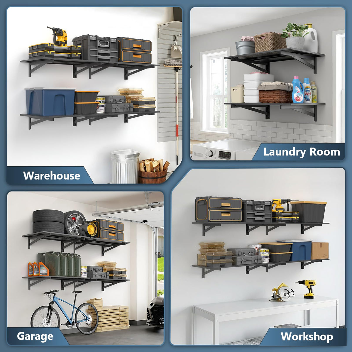 Jusgym 4 Pack Heavy Duty Garage Wall Shelving (2x3ft), 1400lbs Capacity Garage Shelving Wall Mounted, 24"x72"Garage Storage Rack Floating Shelves, Black