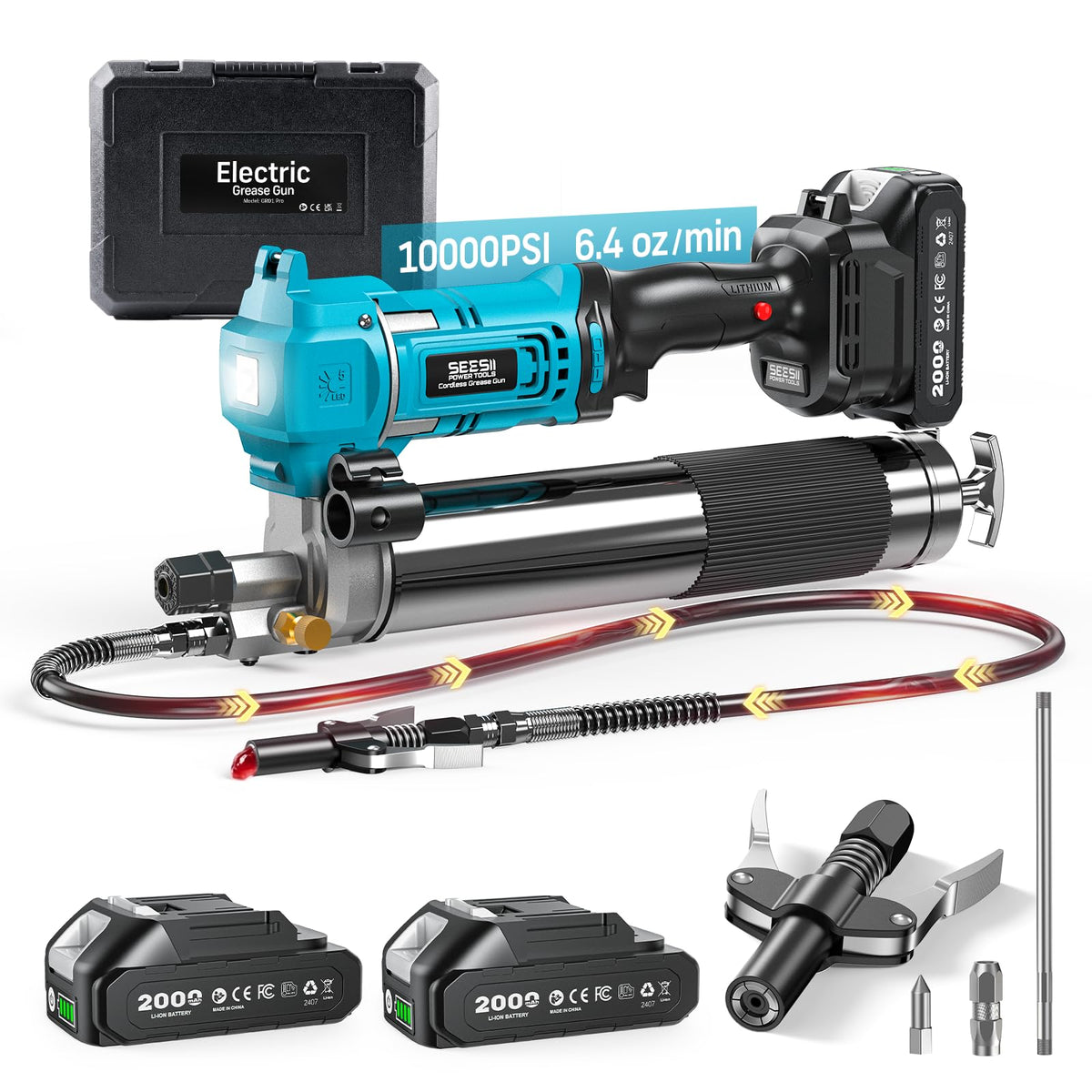 Seesii Electric Cordless Battery Grease Gun -10000 PSI with Quick-Release Coupler, 6.4 oz/min, 39.4" Flex Hose & 2 Batteries, Grease Guns for Truck, Car, Tractor,2026 Upgraded