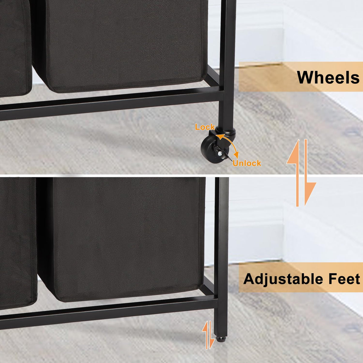 Timberer Laundry Hamper, Laundry Sorter with 4 Section, Rolling Basket with Wheels, 2 Shelves, 4 14.5 Gal, Pull-Out and Removable Oxford Fabric Bags for Laundry Room, Black and Rustic Brown