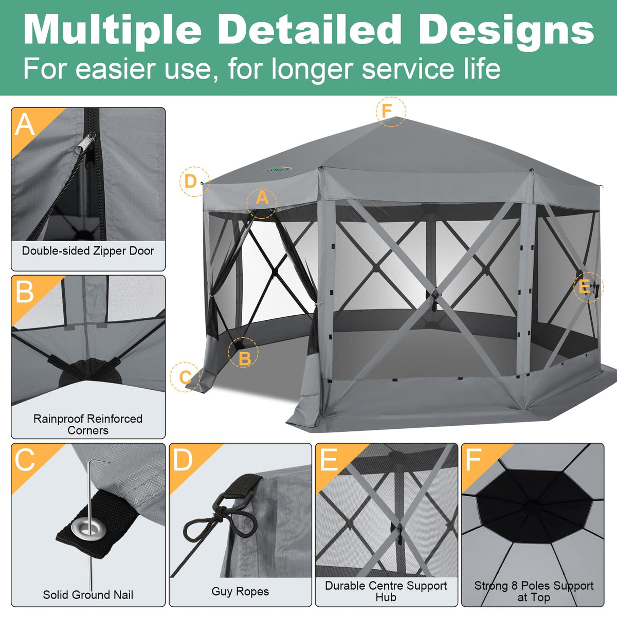 COBIZI 15x15 FT Pop Up Gazebo - Canopy Tent, Large Gazebos On Clearance,Instant Screened in Gazebo,carpas para Patio,Portable Screen Tents for 12-15 Persons Outdoor Camping, Backyard,Gray