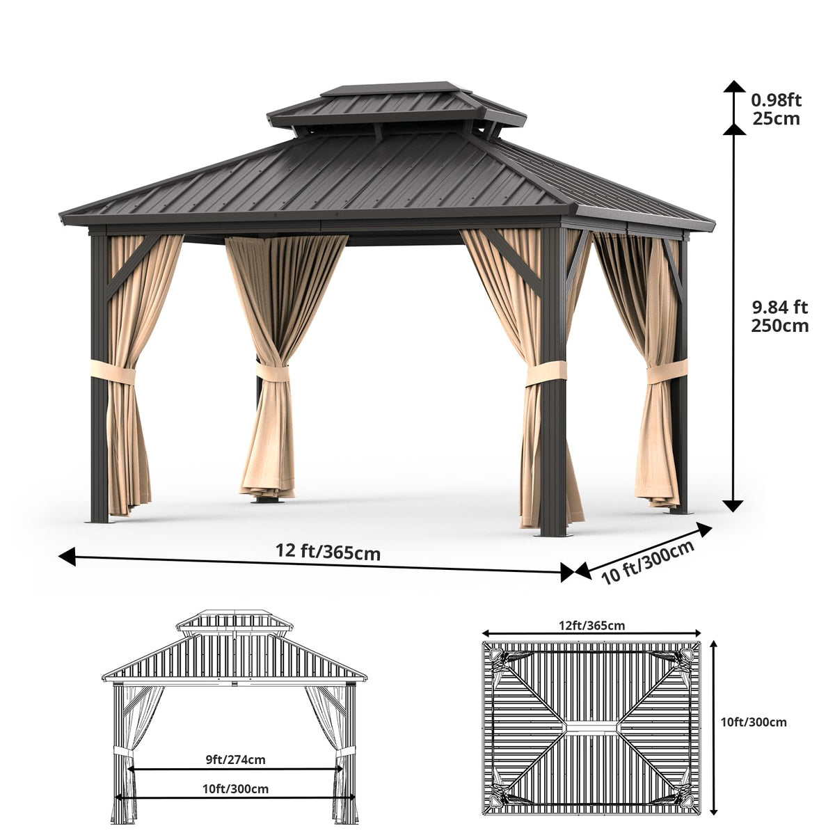 PeakPursuit Hardtop Gazebo 12'x 10' Aluminum + Iron Roof,Double-Roof Backyard Tent Garden Porch Gazebo with Mesh and Curtains Permanent Outdoor Metal Gazebo, Waterproof, Snowproof and Sunproof, Khaki