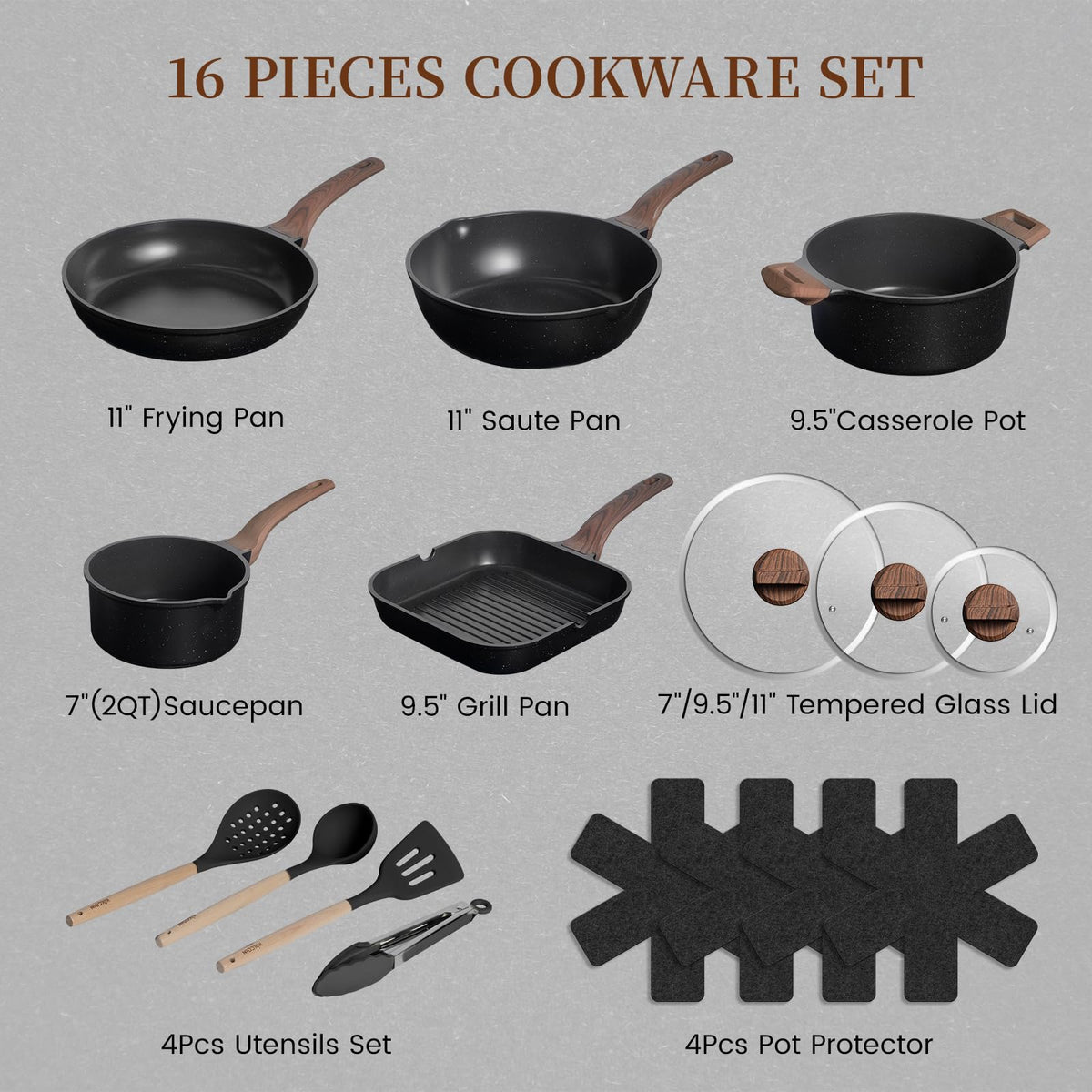 Kikcoin 16Pcs Ceramic Pots and Pans Set Non Stick, Includes a 9.5" Grill Pan, Induction Kitchen Cookware Sets, Black Nonstick RV Kitchen Camping Cooking Sets Stackable (PTFE, PFOS, PFOA Free)