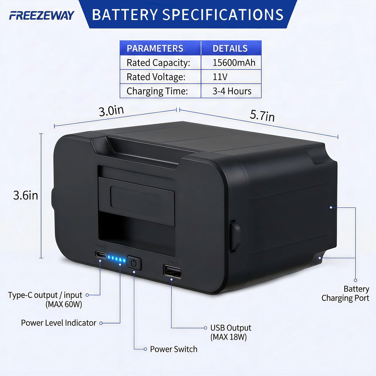 FreezeWay 171Wh Detachable Battery For Portable Car Refrigerator, Rechargeable Electric Cooler Battery for 12/24V DC and 120-240V AC Freezer Fridge, 15600mAh Lithium Car Refrigerator Plug-in Battery